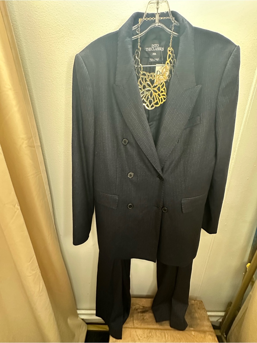 Zara Women’s Double-Breasted Navy Pinstripe Suit Jacket and Trousers